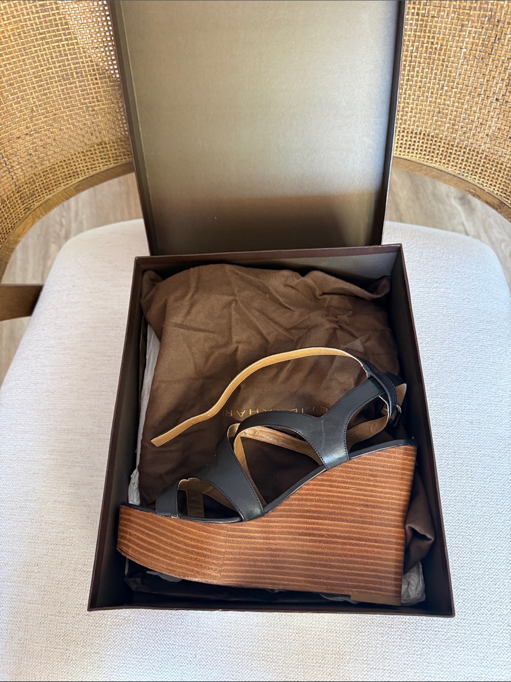 Elie Tahari Black Leather Wedge Sandals with Brown Wood-Effect Platform